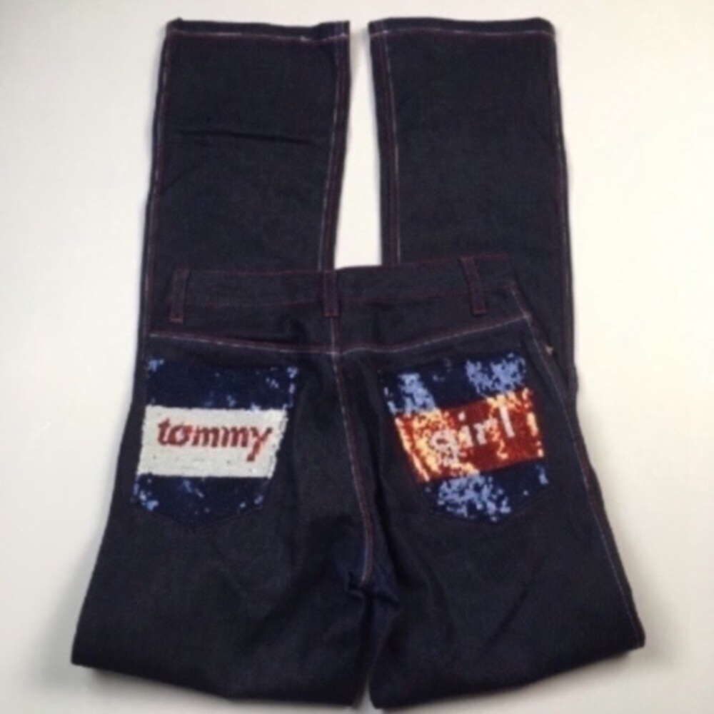 Vtg Tommy Hilfiger Tommy Girl Y2K Sequin Pockets Mid Rise Bootleg‎ Juniors Sz 1